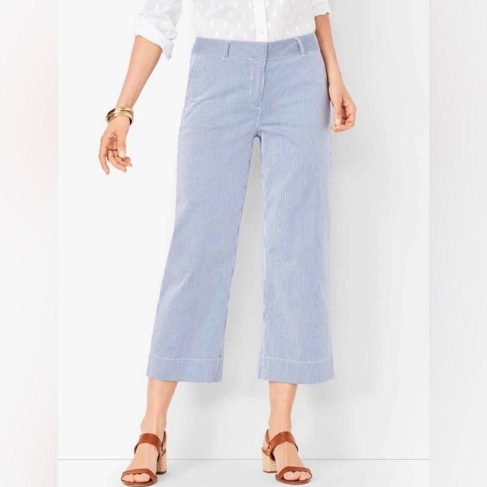 NWT Talbots Wide Leg Crop Pants Blue White Pin Stripe Cotton Blend Size 4 Petite